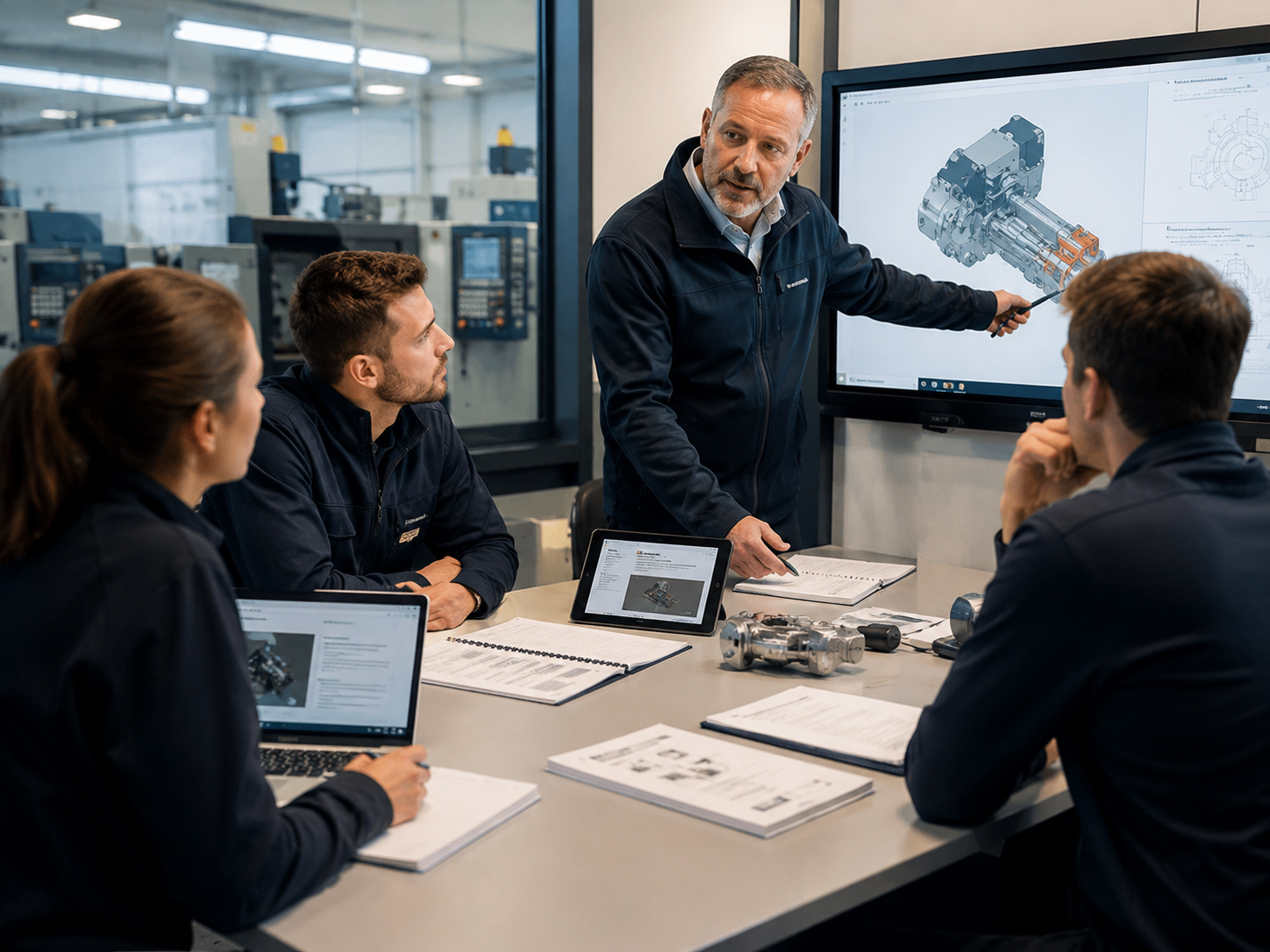 Technische training met medewerkers rond een digitaal ontwerp